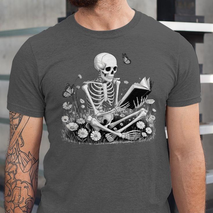 Skeleton Reading Book Floral Dark For Book Lovers Unisex Jersey T-Shirt Skeleton Reading Book Floral Dark For Book Lovers Unisex Jersey T-Shirt