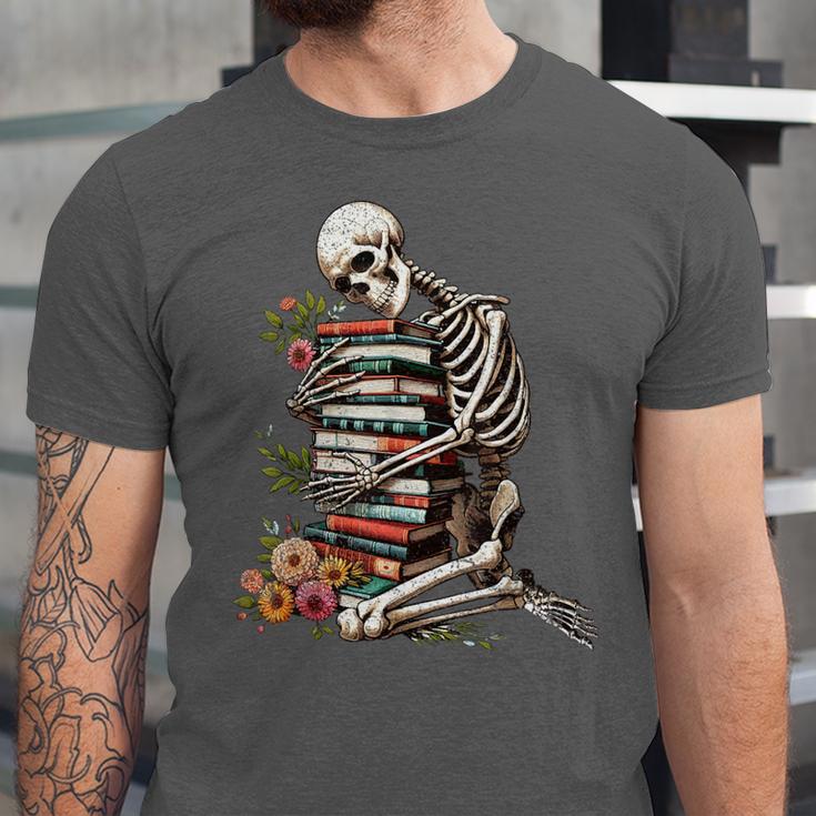 Skeleton Reading Book Halloween Bookworm Bibliophile Reader Unisex Jersey T-Shirt