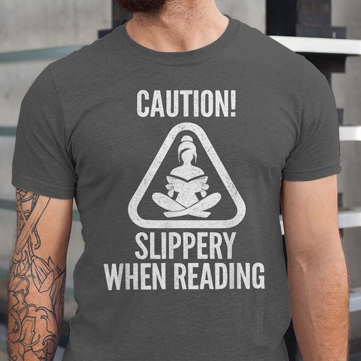 Slippery When Reading Unhinged Book Lover Meme Witty Unisex Jersey T-Shirt