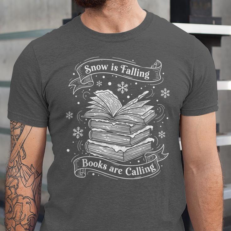 Snow Is Falling Books Are Calling Winter Reading Unisex Jersey T-Shirt Snow Is Falling Books Are Calling Winter Reading Unisex Jersey T-Shirt