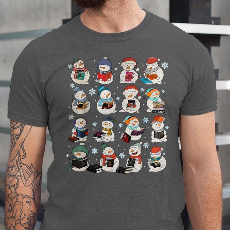 Snowman Reading Book Christmas Cozy Book Lover Bookish Unisex Jersey T-Shirt