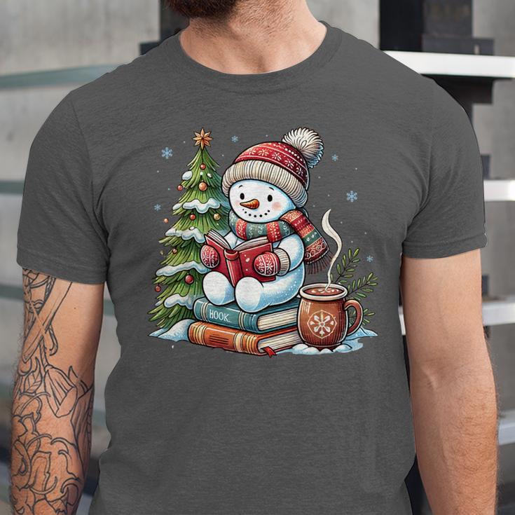 Snowman Reading Book Lovers Christmas Librarian Bookworm Unisex Jersey T-Shirt