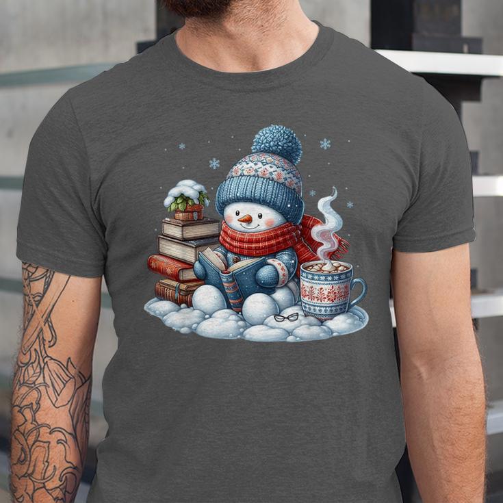 Snowman Reading Books Lovers Librarian Bookworm Christmas Unisex Jersey T-Shirt