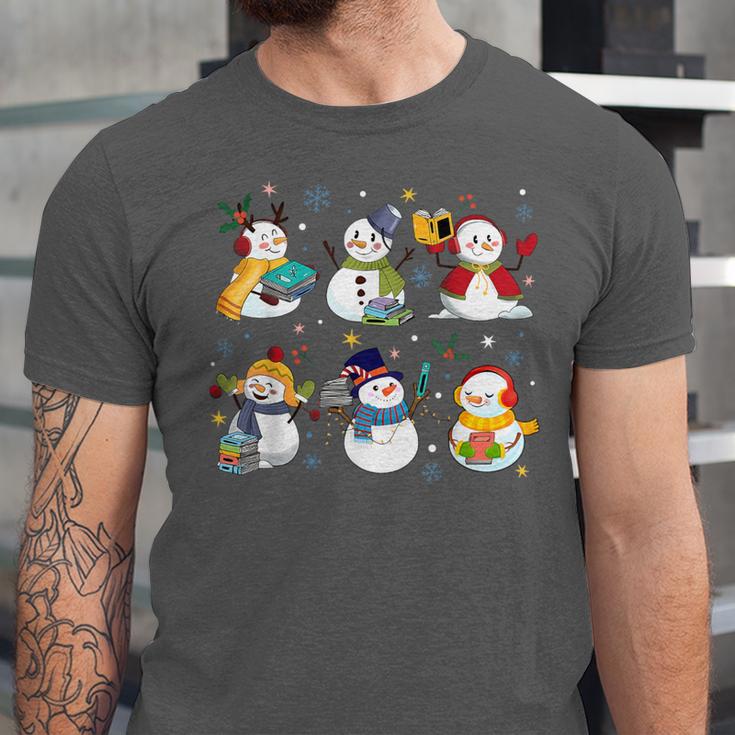 Snowman Reading Books Teacher Christmas Librarian Bookworm Unisex Jersey T-Shirt