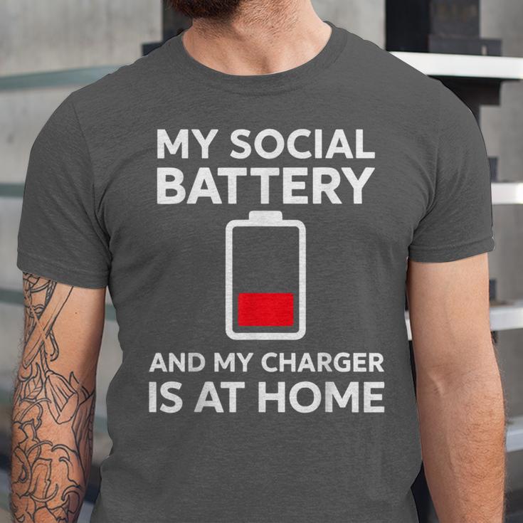 Social Battery Low Charger At Home Antisocial Introvert Unisex Jersey T-Shirt Social Battery Low Charger At Home Antisocial Introvert Unisex Jersey T-Shirt