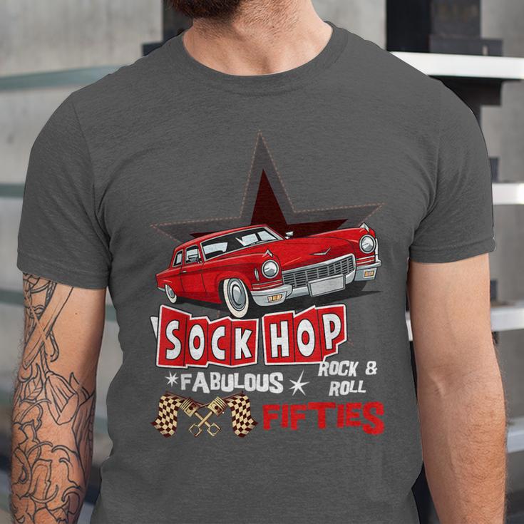 Sock Hop Fabulous Fifties Rock N Roll Automobile Nostalgia Unisex Jersey T-Shirt