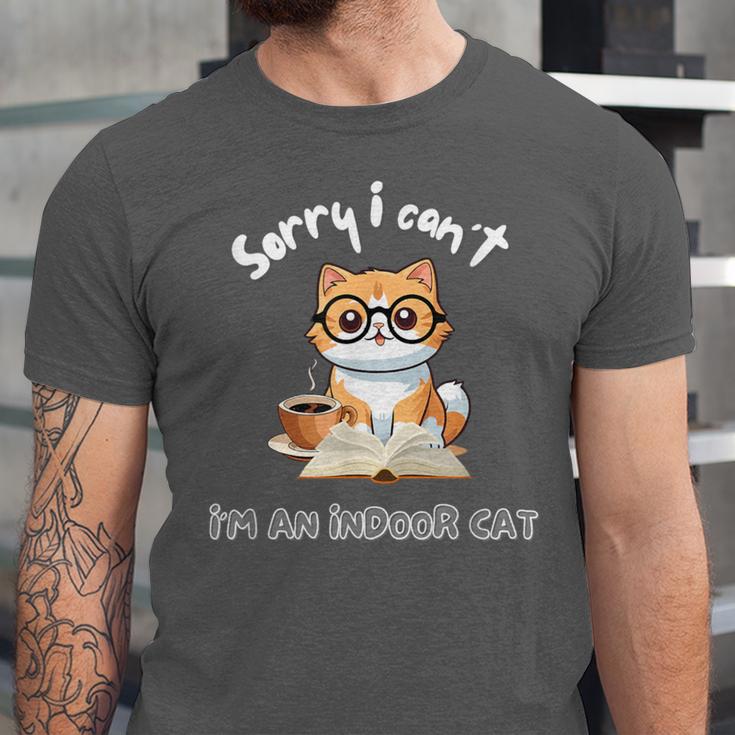 Sorry I Can't Indoor Cat Top For Introvert With Coffee Book For Men Women Kids Unisex Jersey T-Shirt