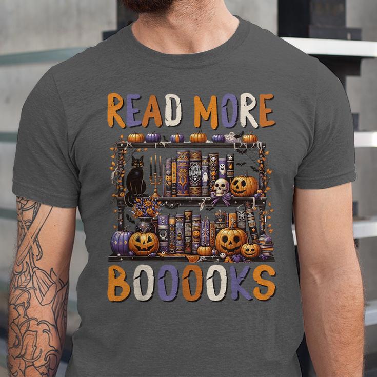 Spooky Halloween Bookshelf Bookcase Read More Books Unisex Jersey T-Shirt Spooky Halloween Bookshelf Bookcase Read More Books Unisex Jersey T-Shirt