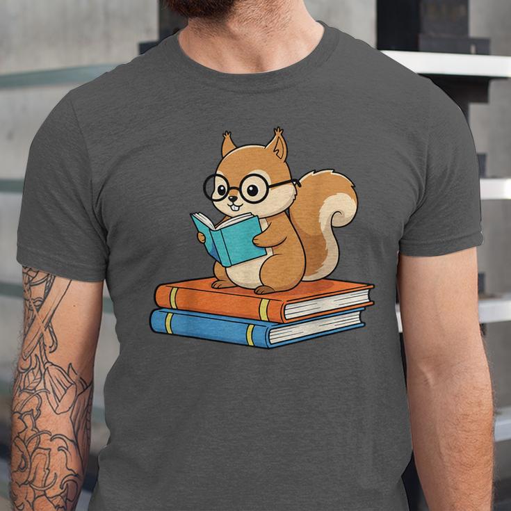 Squirrel Reading Book Glasses Bookworm Librarian Unisex Jersey T-Shirt