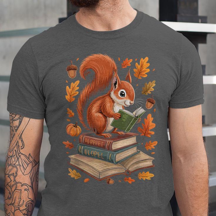 Squirrel Reading Book Lovers Fall Leaves Library Books Unisex Jersey T-Shirt