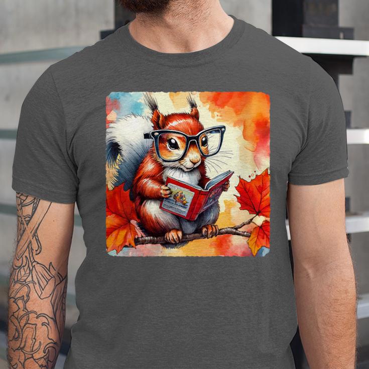 Squirrel Reading Comic Book On Autumn Branch Glasses Leaves Unisex Jersey T-Shirt Squirrel Reading Comic Book On Autumn Branch Glasses Leaves Unisex Jersey T-Shirt