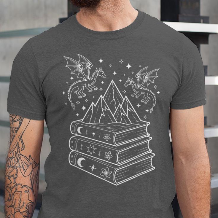 Stack Of Books And Dragons Bookworm Fantasy Books Lover Unisex Jersey T-Shirt