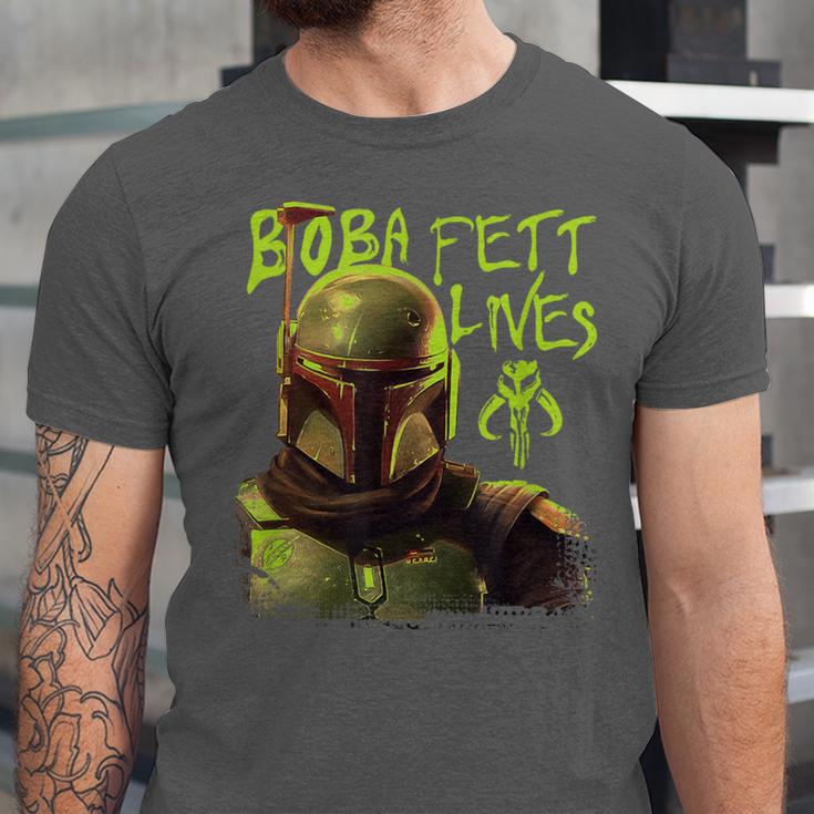 Star Wars The Book Of Boba Fett Neon Boba Fett Lives Poster Unisex Jersey T-Shirt
