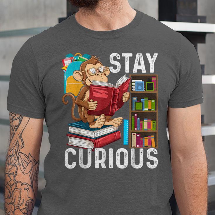 Stay Curious Monkey Reading Book Lover Bookworm Unisex Jersey T-Shirt Stay Curious Monkey Reading Book Lover Bookworm Unisex Jersey T-Shirt
