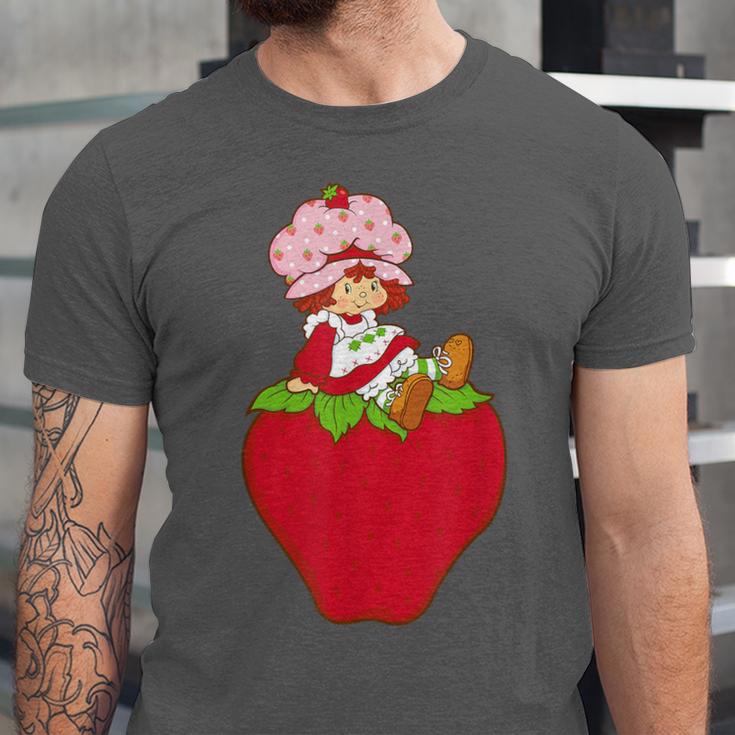 Strawberry Shortcake Sitting On Strawberry Retro Nostalgia Unisex Jersey T-Shirt Strawberry Shortcake Sitting On Strawberry Retro Nostalgia Unisex Jersey T-Shirt