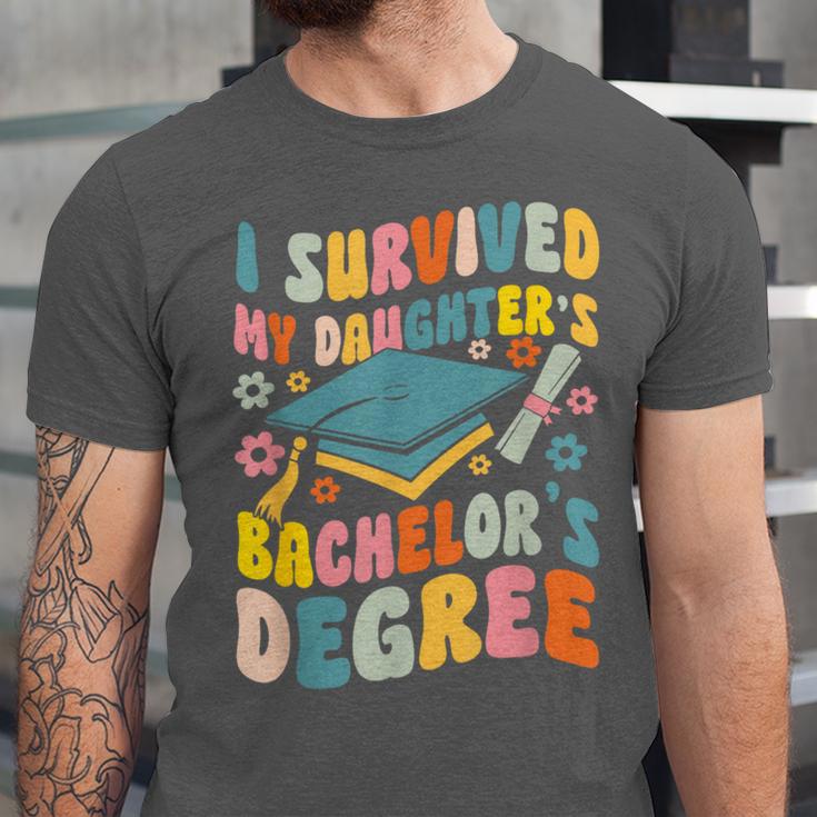 i Survived My Daughter's Bachelors Degree Groovy Graduation Unisex Jersey T-Shirt
