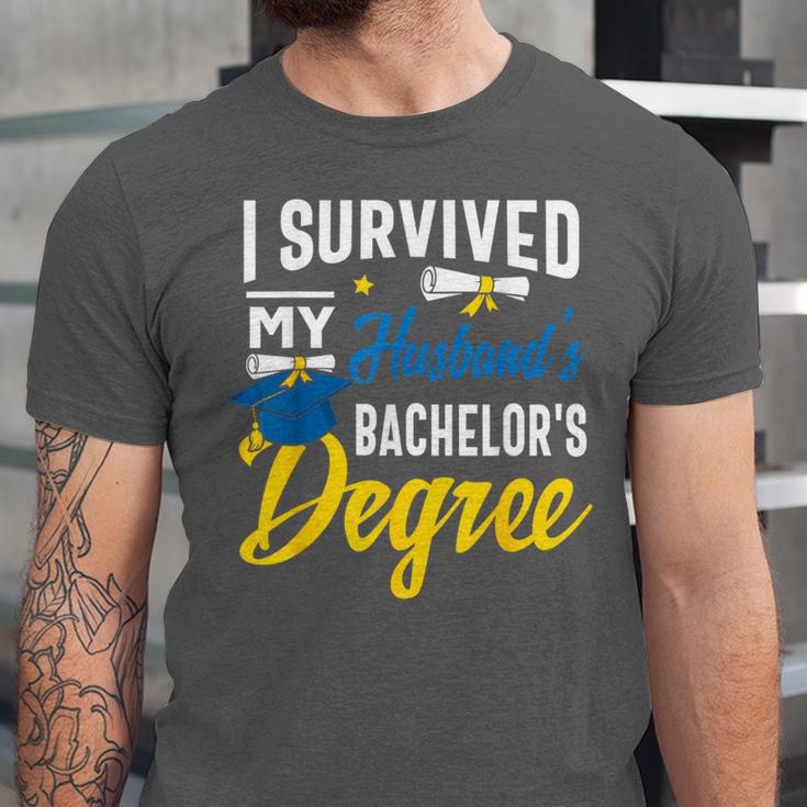 i Survived My Husbands Bachelors Degree Graduation Gifts Unisex Jersey T-Shirt
