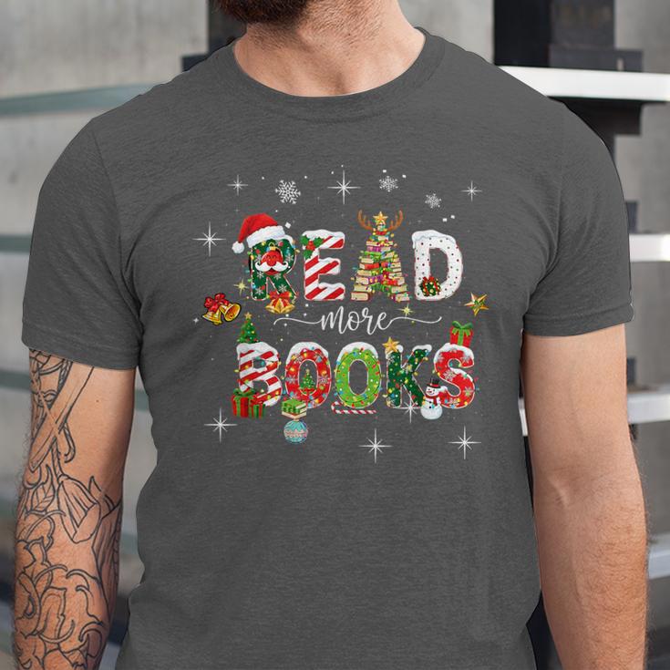 Teacher Read More Books Christmas Reading Bookworm Librarian Unisex Jersey T-Shirt