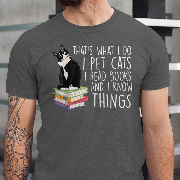 That's What I Do I Pet Cat I Read Books Tuxedo Cat Bookworm Unisex Jersey T-Shirt