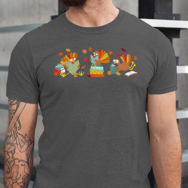 Turkey Reading Books Fall Thanksgiving Teacher Book Lovers Unisex Jersey T-Shirt