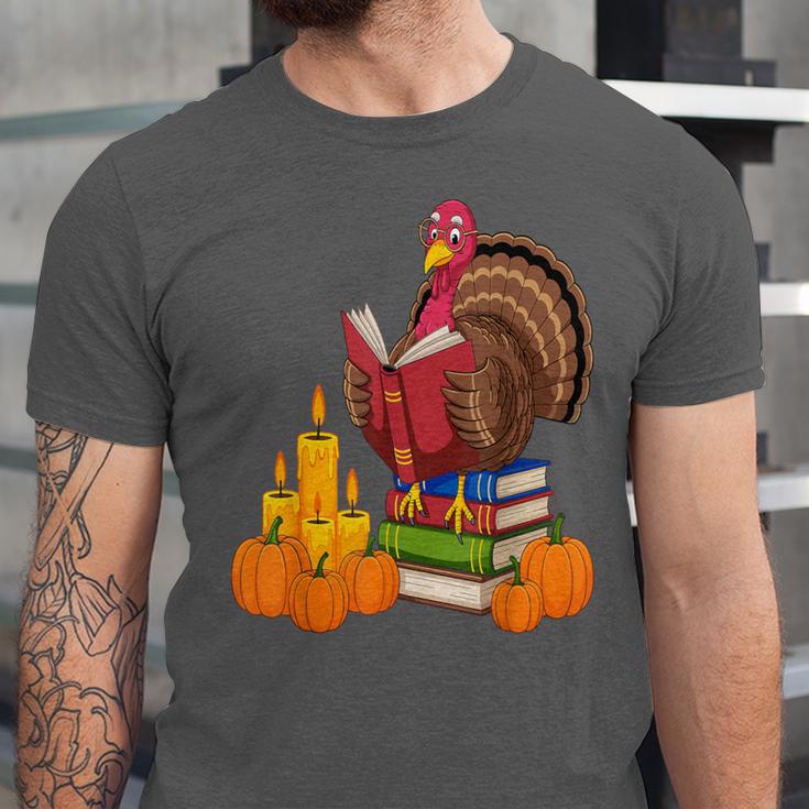 Turkey Reading Books Fall Thanksgiving Teacher Book Unisex Jersey T-Shirt
