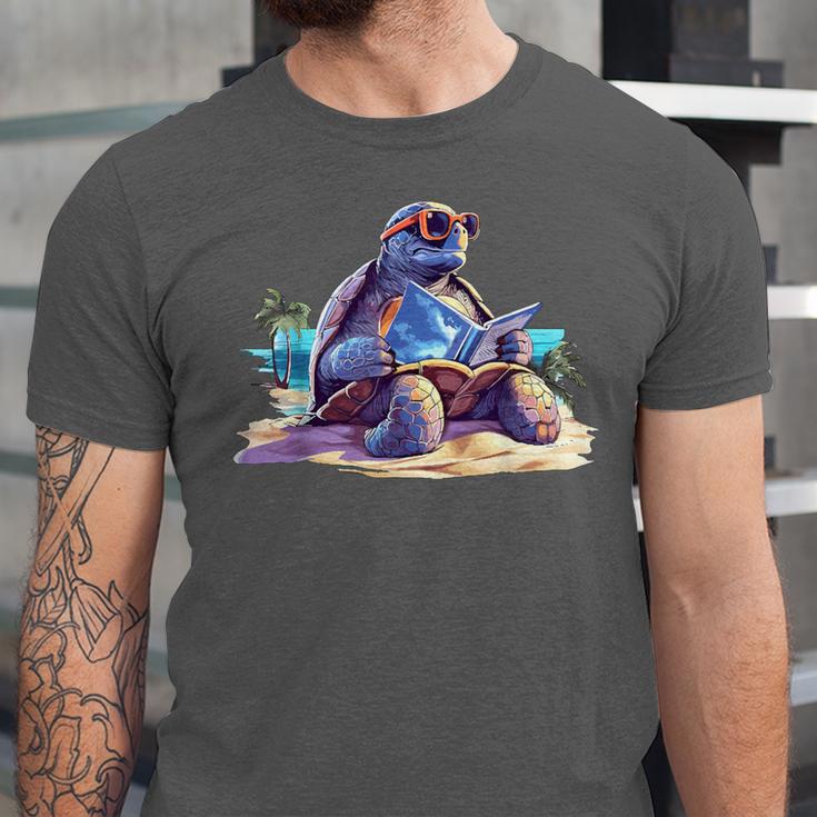 Turtle Wearing Sunglasses Reading A Book On The Beach Summer Unisex Jersey T-Shirt Turtle Wearing Sunglasses Reading A Book On The Beach Summer Unisex Jersey T-Shirt