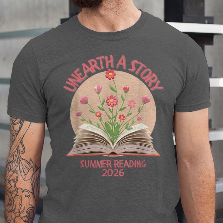Unearth a Story 2026 Summer Reading Program Flowers Book Unisex Jersey T-Shirt