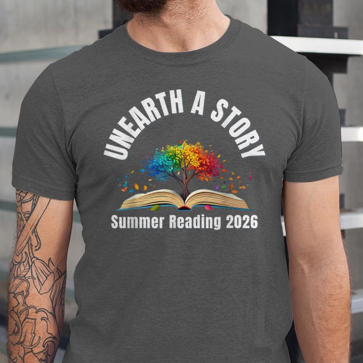Unearth a Story 2026 Summer Reading Program Tree Book Unisex Jersey T-Shirt