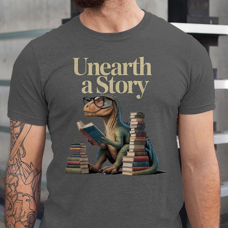 Unearth A Story Dinosaur Reading a Library Book Unisex Jersey T-Shirt