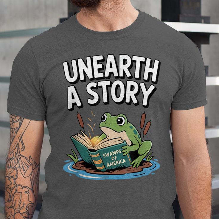 Unearth a Story Frog Reading a Book Summer 2026 Unisex Jersey T-Shirt