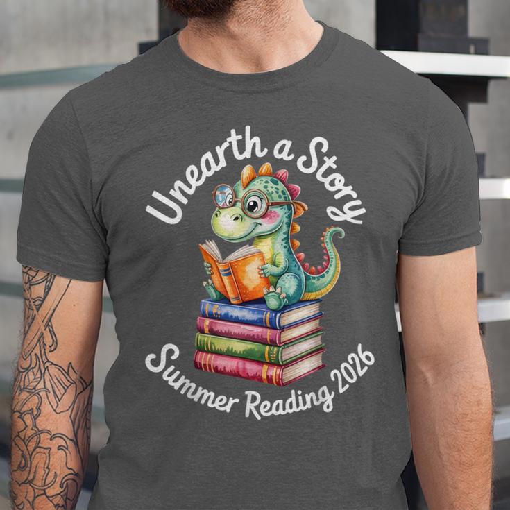 Unearth a Story Summer Reading 2026 Book Lover Dino Fun Unisex Jersey T-Shirt