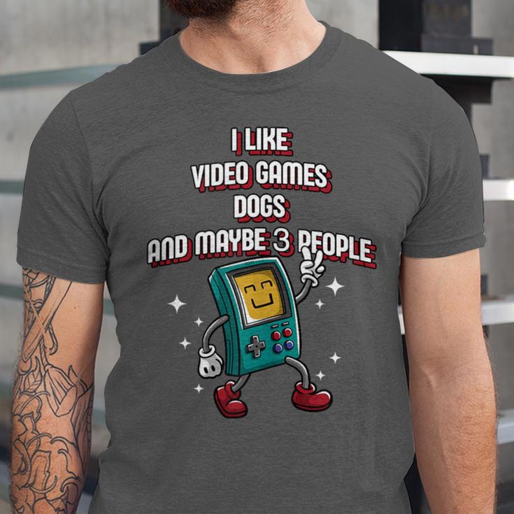 I Like Video Games Dogs And Maybe 3 People Gamer Introvert Unisex Jersey T-Shirt