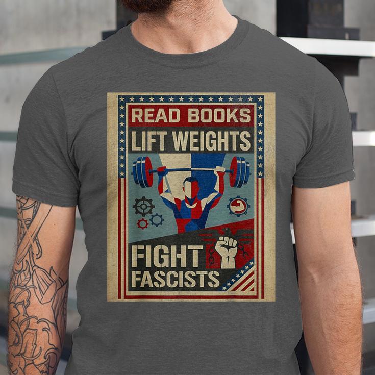 Vintage Style Read Books Lift Weights Fight Fascists Retro Unisex Jersey T-Shirt