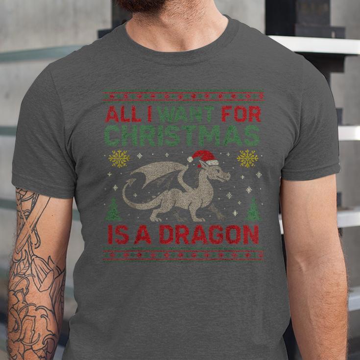 All I Want For Christmas Is A Dragon & Books Ugly Sweater Unisex Jersey T-Shirt All I Want For Christmas Is A Dragon & Books Ugly Sweater Unisex Jersey T-Shirt