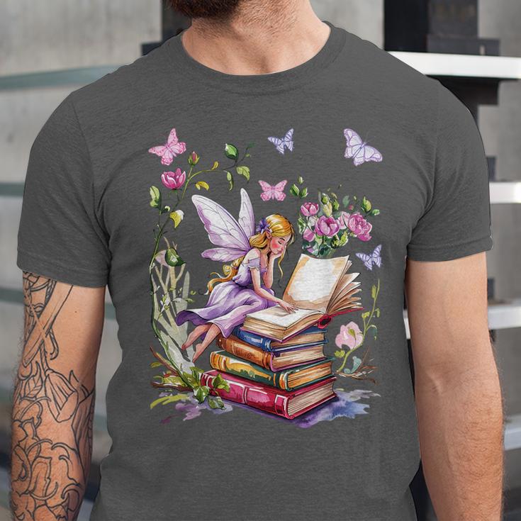 Watercolor Butterfly Fairy Read Book Library Fantasy Novel Unisex Jersey T-Shirt