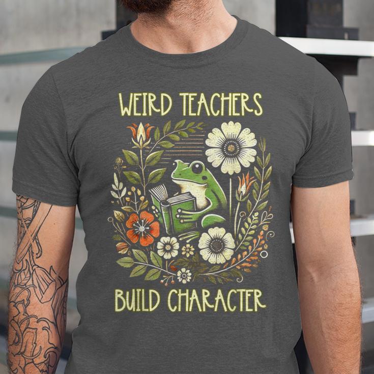 Weird Teachers Build Character Frog Reading Book Librarian Unisex Jersey T-Shirt