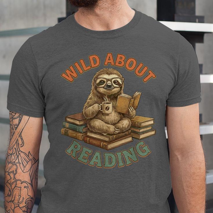 Wild About Reading Sloth Coffee Teacher Book Lover Unisex Jersey T-Shirt
