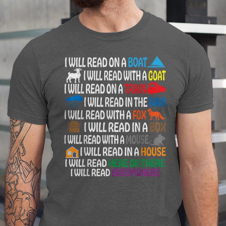 I Will Read Books On A Boat & Everywhere Reading Kids Book Unisex Jersey T-Shirt I Will Read Books On A Boat & Everywhere Reading Kids Book Unisex Jersey T-Shirt