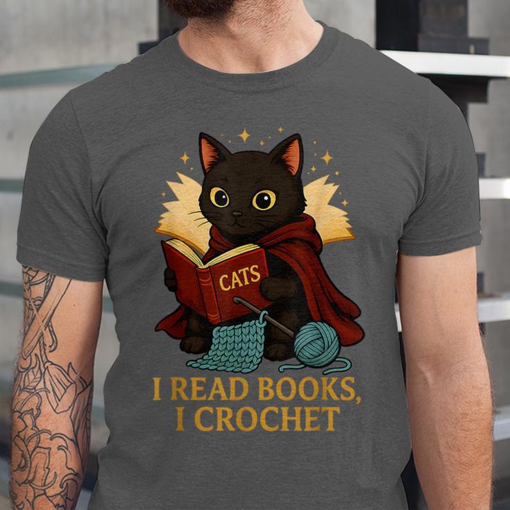 Wizard Cat Reading a Book While Crocheting Unisex Jersey T-Shirt