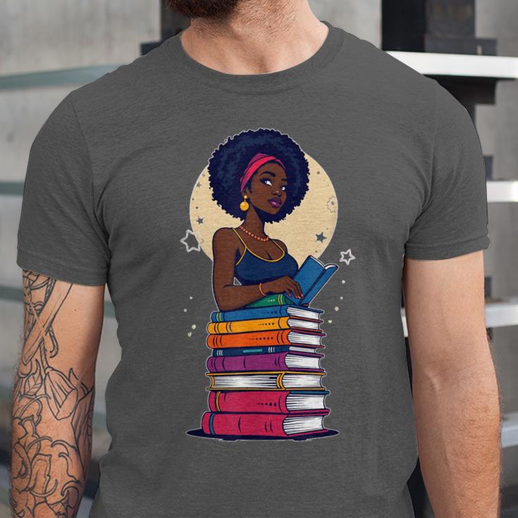 Woman And Books Stack Afro Girl Reading Lover Unisex Jersey T-Shirt