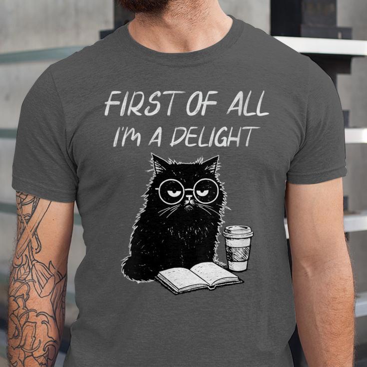 Women's First Of All I’m A Delight Cute Cat Books Coffee Humor Unisex Jersey T-Shirt