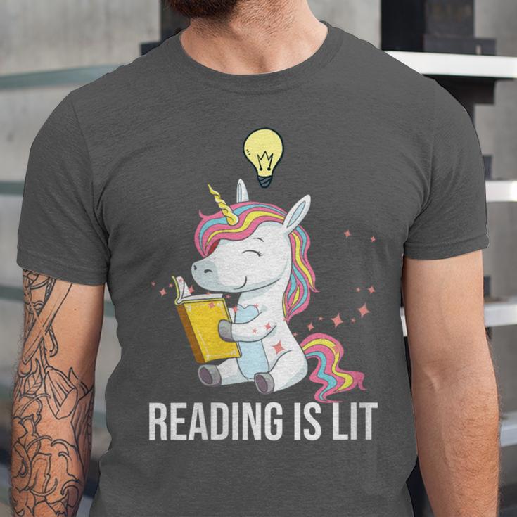 Women's Reading Is Lit Unicorn Library English Teacher Book Lover Unisex Jersey T-Shirt