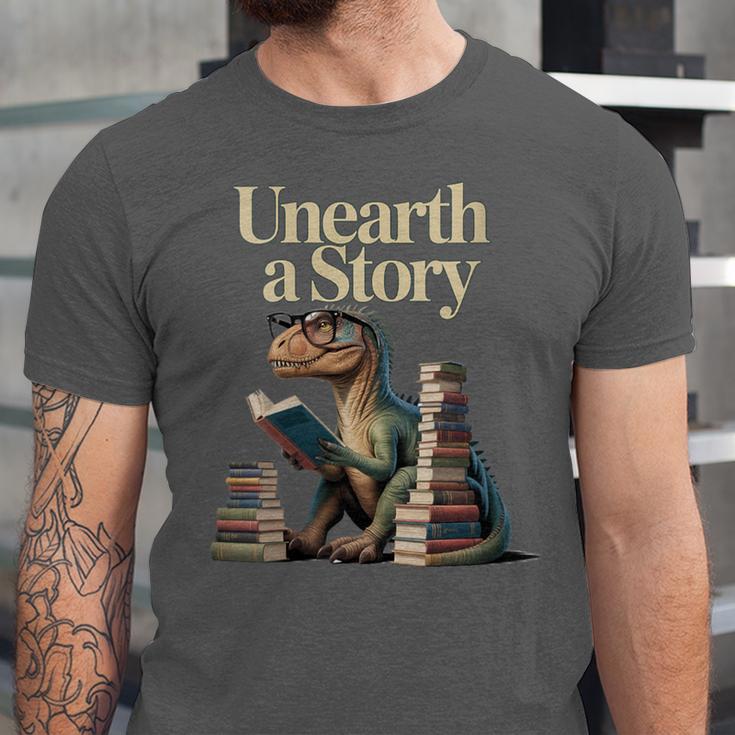 Women's Unearth A Story Dinosaur Reading a Library Book Unisex Jersey T-Shirt