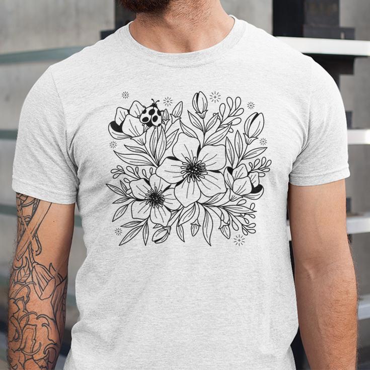 Adult Coloring Book Style Flowers And Ladybug Self Coloring Unisex Jersey T-Shirt