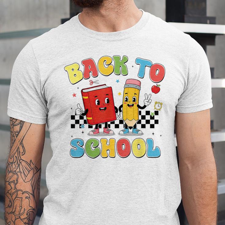 Back To School Checkered Book Pencil Groovy Teacher Student Unisex Jersey T-Shirt Back To School Checkered Book Pencil Groovy Teacher Student Unisex Jersey T-Shirt