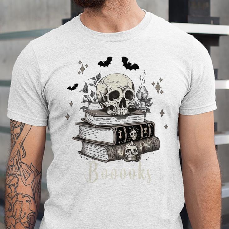 Boo Skeleton Skull Books Halloween Women School Teacher Kid Premium Unisex Jersey T-Shirt