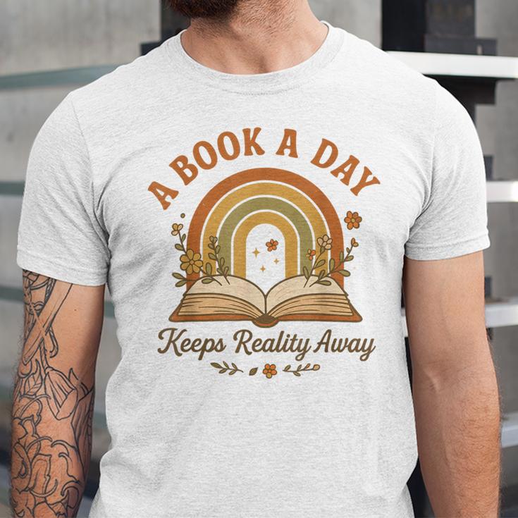 A Book A Day Keeps Reality Away Reading Unisex Jersey T-Shirt A Book A Day Keeps Reality Away Reading Unisex Jersey T-Shirt