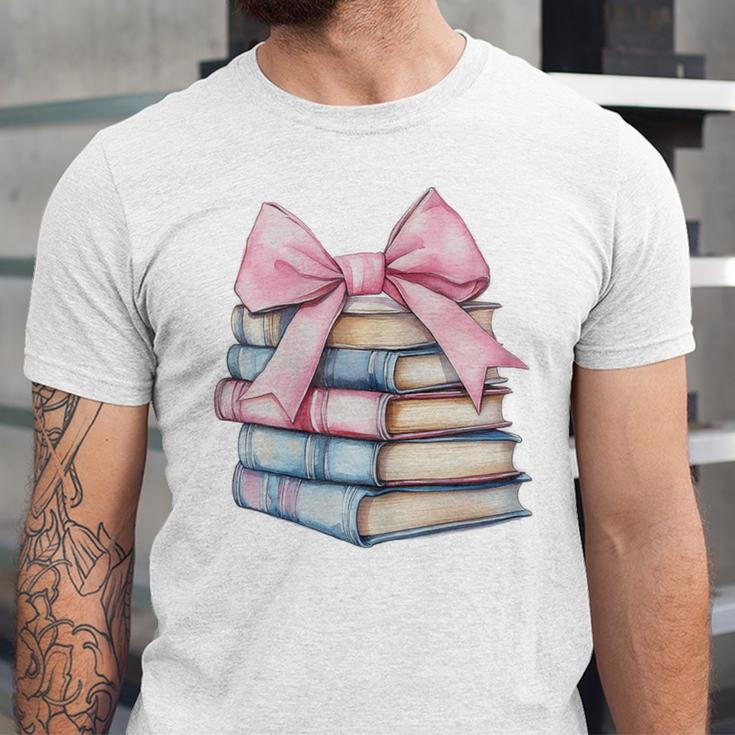 Book Lover Coquette Bow Pink Dainty Ribbon Cute Bookworm Unisex Jersey T-Shirt