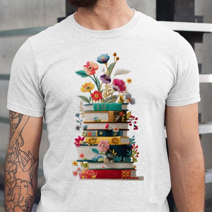 Book Stack With Flowers Reading Lover Bookish Unisex Jersey T-Shirt