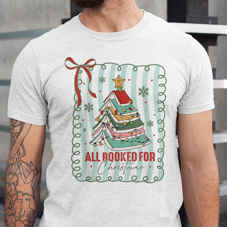All Booked For Christmas Book Xmas Tree Coquette Bow Lights Unisex Jersey T-Shirt